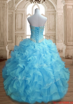 Perfect Beaded and Ruffled Baby Blue Quinceanera Gown with Lace Up