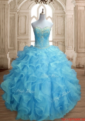 Perfect Beaded and Ruffled Baby Blue Quinceanera Gown with Lace Up