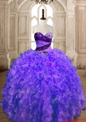 Pretty Puffy Skirt Organza Beaded and Ruffled Sweet 16 Dress in Purple