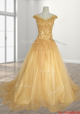 Romantic A Line Brush Train Quinceanera Gown with See Through Scoop