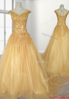 Romantic A Line Brush Train Quinceanera Gown with See Through Scoop
