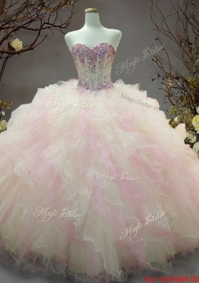 Simple Beaded and Ruffled Quinceanera Dress in Light Pink and Light Yellow