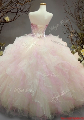 Simple Beaded and Ruffled Quinceanera Dress in Light Pink and Light Yellow