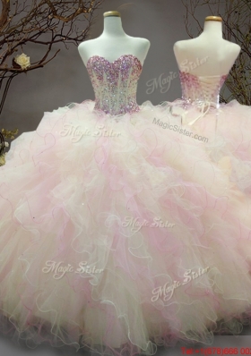 Simple Beaded and Ruffled Quinceanera Dress in Light Pink and Light Yellow