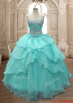 Spring Best Selling Beaded and Ruffled Layers Aqua Blue Quinceanera Gown