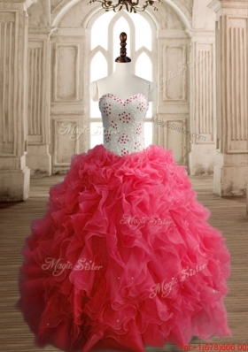Wonderful Coral Red Quinceanera Dress with Beaded Bodice and Ruffles