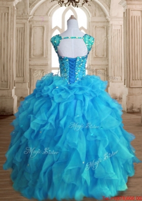 Best Aquamarine Puffy Skirt Straps Quinceanera Dress in Organza