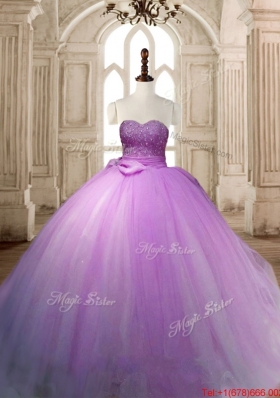 Fashionable Beaded and Bowknot Lilac Sweet 15 Dress in Tulle