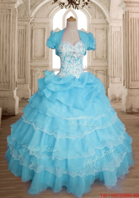 Fashionable Ruffled Layers and Beaded Baby Blue Quinceanera Dress with Bubbles