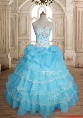 Fashionable Ruffled Layers and Beaded Baby Blue Quinceanera Dress with Bubbles