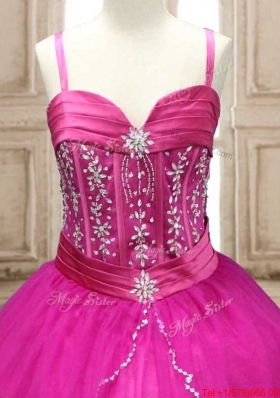 Latest Spaghetti Straps Hot Pink Quinceanera Dress with Beading and Appliques