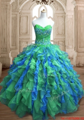 Lovely Applique and Ruffled Green and Blue Sweet 16 Dress in Organza