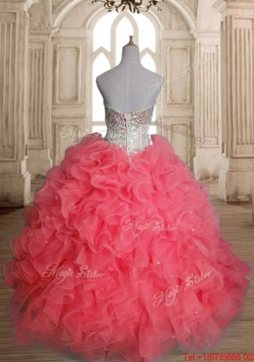 Lovely Beaded Bodice and Ruffled Watermelon Quinceanera Dress in Organza