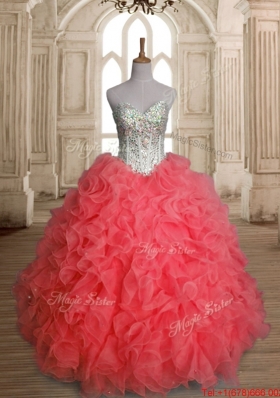 Lovely Beaded Bodice and Ruffled Watermelon Quinceanera Dress in Organza