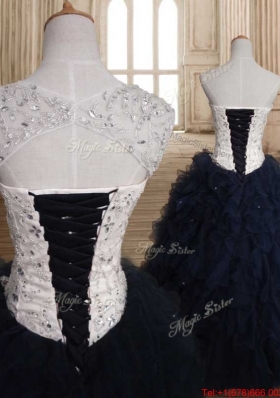 Lovely Straps Organza Sweet 16 Dress in White and Navy Blue