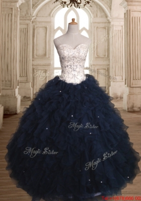 Lovely Straps Organza Sweet 16 Dress in White and Navy Blue