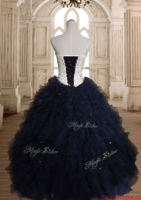 Lovely Straps Organza Sweet 16 Dress in White and Navy Blue