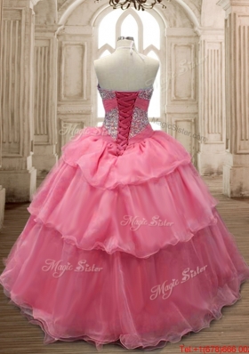 Low Price Lace Up Watermelon Red Quinceanera Dress with Beading