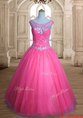 Low Price See Through Scoop Beaded Quinceanera Dress in Rose Pink