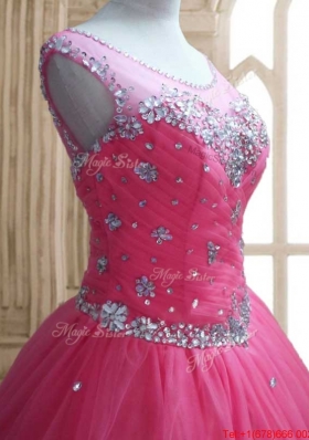 Low Price See Through Scoop Beaded Quinceanera Dress in Rose Pink