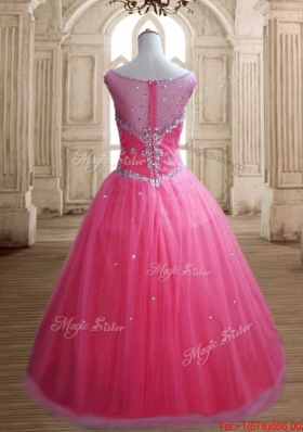 Low Price See Through Scoop Beaded Quinceanera Dress in Rose Pink