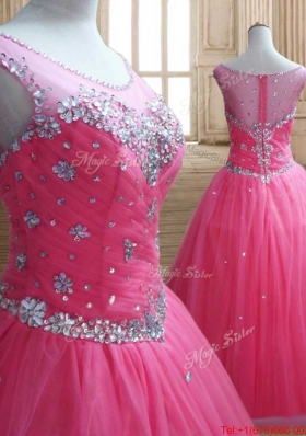 Low Price See Through Scoop Beaded Quinceanera Dress in Rose Pink
