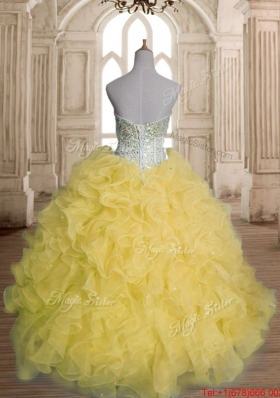 Luxurious Visible Boning Beaded Bodice and Ruffled Yellow Quinceanera Dress