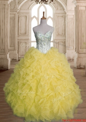Luxurious Visible Boning Beaded Bodice and Ruffled Yellow Quinceanera Dress