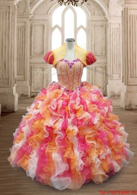 Modest Rainbow Colored Sweet 16 Dress with Beading and Ruffles