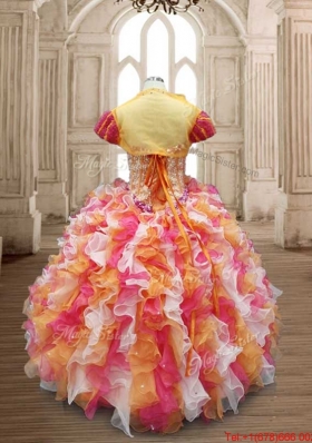 Modest Rainbow Colored Sweet 16 Dress with Beading and Ruffles