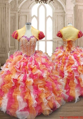 Modest Rainbow Colored Sweet 16 Dress with Beading and Ruffles
