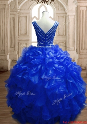 Popular Beaded Bodice Deep V Neckline Royal Blue Quinceanera Gown