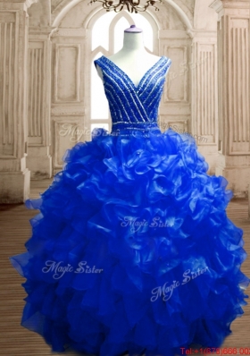 Popular Beaded Bodice Deep V Neckline Royal Blue Quinceanera Gown