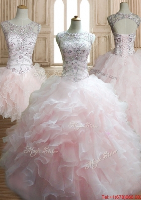 Pretty Beaded and Ruffled Baby Pink Detachable Quinceanera Dress in Organza