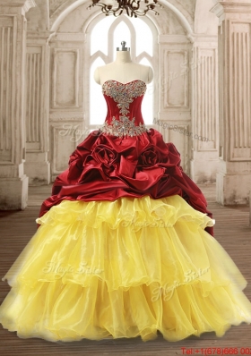 Pretty Beaded Wine Red and Yellow Sweet 16 Dress in Organza and Taffeta