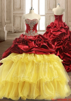 Pretty Beaded Wine Red and Yellow Sweet 16 Dress in Organza and Taffeta