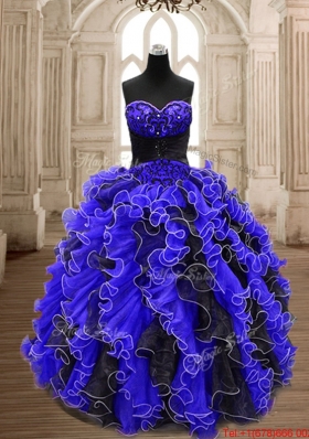 Sweet Ruffled Black and Royal Blue Quinceanera Dress in Organza
