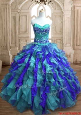 2016 Classical Applique and Ruffled Teal and Blue Quinceanera Dress