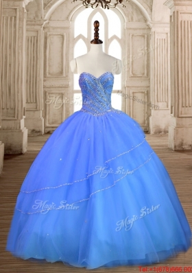 Cheap Really Puffy Tulle Blue Sweet 15 Gown with Beading