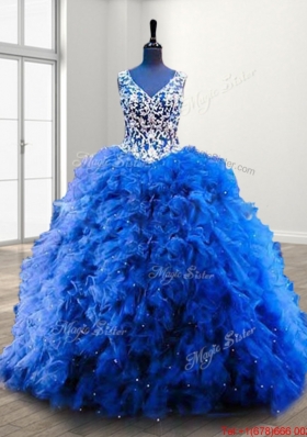 Classical Beaded and Ruffled V Neck Royal Blue Quinceanera Dress in Organza