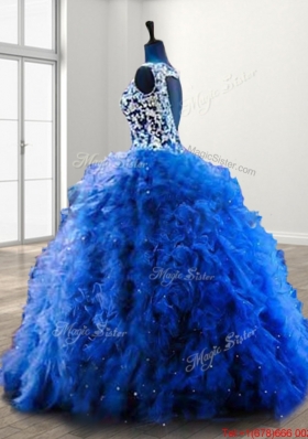 Classical Beaded and Ruffled V Neck Royal Blue Quinceanera Dress in Organza
