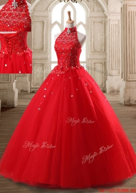 Discount Beaded Tulle Red Quinceanera Dress with Halter Top