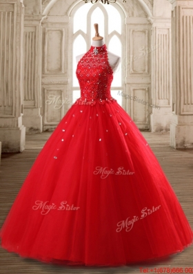 Discount Beaded Tulle Red Quinceanera Dress with Halter Top
