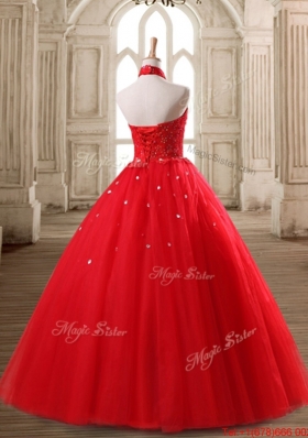 Discount Beaded Tulle Red Quinceanera Dress with Halter Top