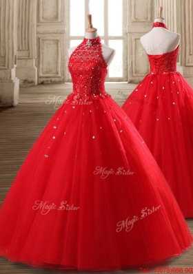 Discount Beaded Tulle Red Quinceanera Dress with Halter Top