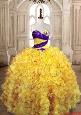 Discount Big Puffy Beaded and Ruffled Quinceanera Dress in Yellow