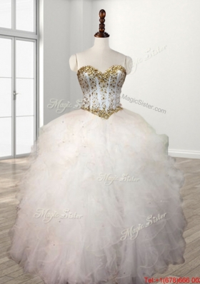 Elegant Visible Boning White Sweet 16 Dress with Beaded Bodice and Ruffles