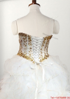 Elegant Visible Boning White Sweet 16 Dress with Beaded Bodice and Ruffles