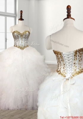 Elegant Visible Boning White Sweet 16 Dress with Beaded Bodice and Ruffles