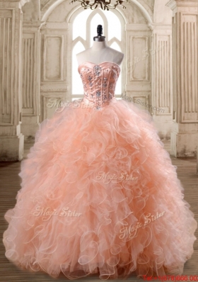 Exclusive Really Puffy Beaded and Ruffled Quinceanera Dress in Peach